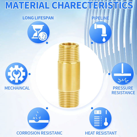 Brass pipe nipple fitting, front view, 1/2 in NPT male x 1/2 in NPT male, 2 in length, 2-pack.