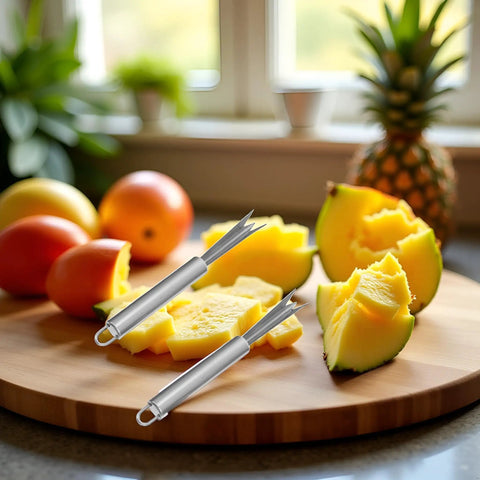 Two Pack Stainless Steel Pineapple Eye Peeler And Remover Tool, V Shape Eye Cutter on kitchen counter with fruits