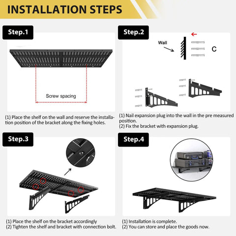 Installation steps for Heavy Duty Garage Wall Shelves 2 Pack 2x3 Ft Wall Mounted Storage Racks with Four Hooks Up To 560 Lbs Total Capacity