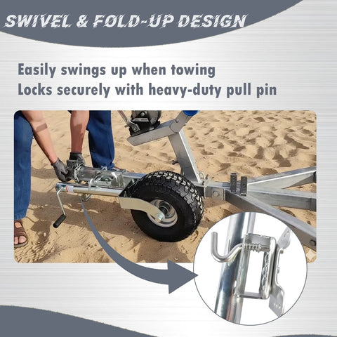 Boat trailer tongue jack with bolt-on swivel mount, hand crank, and 13.38-in heavy-duty wheel, silver