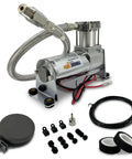 Heavy Duty 12V Air Compressor Kit For Train Horns And Air Ride Suspension, chrome unit with accessories for installation.