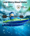 Blue and green toy kayak with paddler in water, highlighting anti-rollover design and sealed charging port