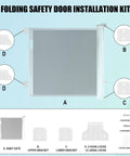 Retractable Baby Safety Gate Replacement Parts Kit White components include baby gate, upper bracket, lower bracket, hook locks, and screws.