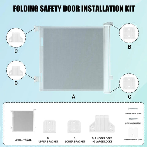Retractable Baby Safety Gate Replacement Parts Kit White components include baby gate, upper bracket, lower bracket, hook locks, and screws.