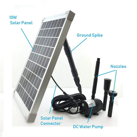 10W Solar Water Pump Kit With 18V Panel For Fish Pond And Fountain includes solar panel, DC water pump, and nozzles.