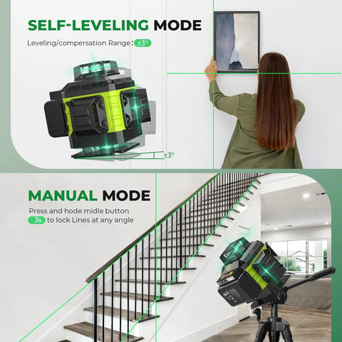 Pro Grade 16 Line Laser Level 360 Self Leveling With 4X360 4D Green Cross Lines used for picture hanging and stair alignment