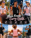 Men and women wearing lightweight running hydration vest for men and women with 6 plus pockets and front bottle holders secure zippered pockets for phone keys and tissue breathable slim fit pink hydration pack for daily runs and outdoors