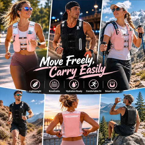 Men and women wearing lightweight running hydration vest for men and women with 6 plus pockets and front bottle holders secure zippered pockets for phone keys and tissue breathable slim fit pink hydration pack for daily runs and outdoors
