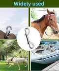 Double-ended snap hooks, two-piece silver zinc-alloy set for pet leashes, horse tack, and boating.
