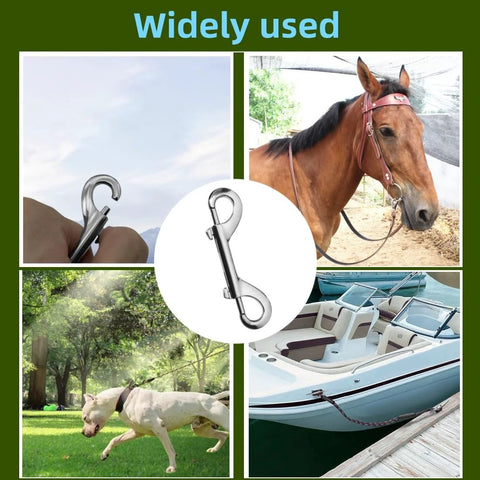 Double-ended snap hooks, two-piece silver zinc-alloy set for pet leashes, horse tack, and boating.