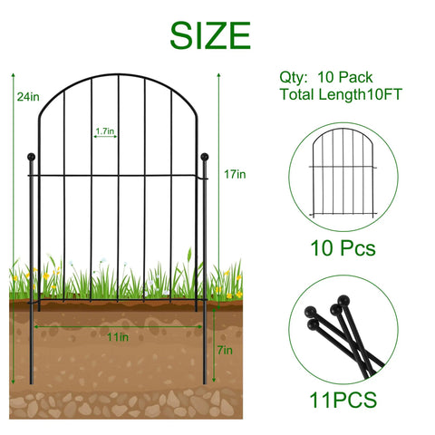 Garden Fence Panels Set Of 10 Arched Rustproof Metal Border Fence For Dogs And Pets No Dig Yard Edging diagram with size measurements.
