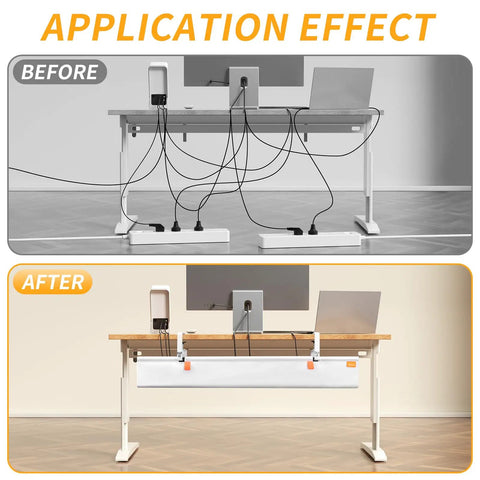 Before and after of under desk cable management tray with clamp no drill 36 inch cord organizer for desk and standing desks fabric cable tray