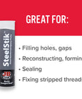 Heavy Duty Metal Repair Epoxy Putty Stick Steel Reinforced And Non Rusting Quick Fix For Metal Projects 2 Oz Hand Mixable Two Part Repair Putty NSF Certified And Safe For Potable Water tube with benefits list