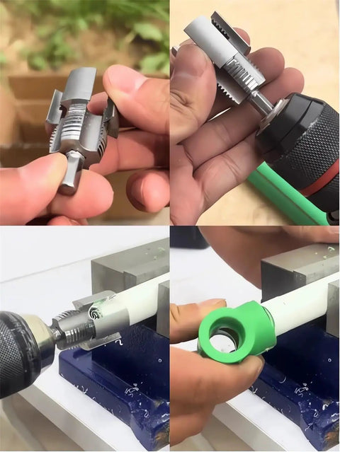 All In One Internal And External Pipe Threading Tool Kit For Half Inch And One Inch And Three Quarter Inch NPT PVC PPR Pipes Compatible With Electric Drill Quick Pro Grade Threading Without Tool Swaps For Plumbing Pros in use with electric drill on PVC pipe.