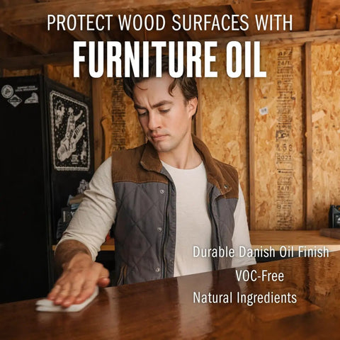 Man applying Furniture Wood Oil 100% Natural Finish for Cabinets Tables Floors VOC Free 8oz Bottle to wooden surface in workshop