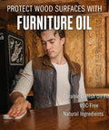 Man applying wood furniture oil for finish restore and protection, VOC free polymerizing cure oil with matte black finish, 32 oz
