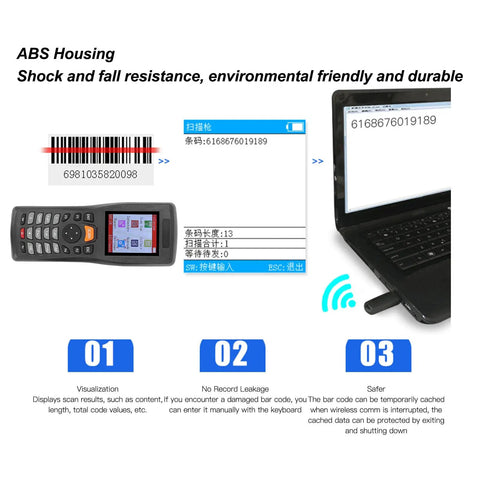 1D Barcode Scanner Portable Data Collector With 2.2 Inch Color Screen scanning barcode displayed on laptop