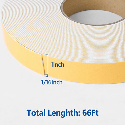 Peel and Stick Foam Weather Stripping Tape 1 Inch Wide 66 Feet Long High Density Insulation roll with measurements.