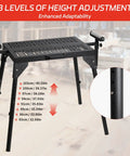 Rock Solid Heavy Duty Miter Saw Stand With Extension Rollers eight level height adjustable showing height options and frame.
