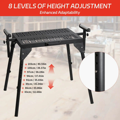 Rock Solid Heavy Duty Miter Saw Stand With Extension Rollers eight level height adjustable showing height options and frame.