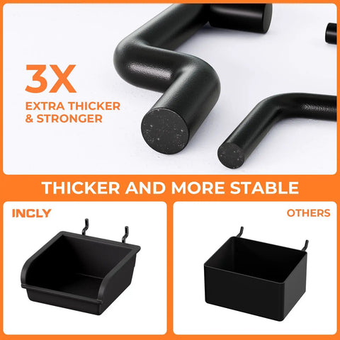 Close-up of Extra Thick 220 Piece Pegboard Organizer Kit hooks and bins, showing 3x thickness and stability. Includes black hooks and bins.