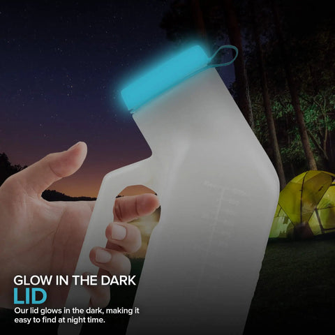 Portable Male Urinal Bottle 35 Oz With Screw On Lid On The Go Spill Proof Nighttime Urinal For Men with glowing lid in dark setting.