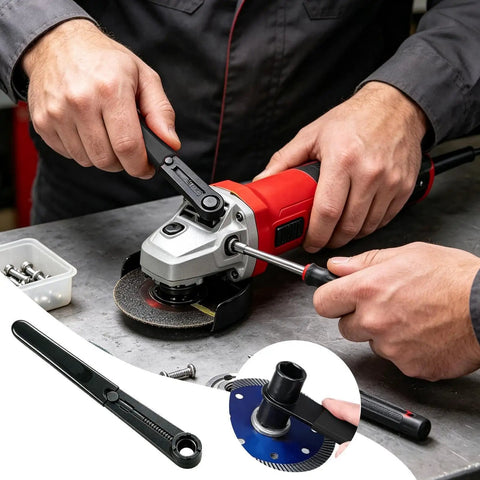 Heavy Duty Multi Function Angle Grinder Wrench And Flange Nut Adjuster For Quick Disc Swaps Sander Grip Tight Tightening Tool in use on a grinder.