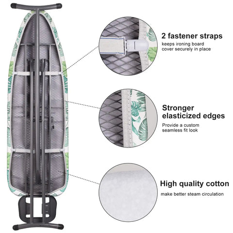Back view of 15 by 54 inch ironing board cover with elasticized edges, fastener straps, and high quality cotton fabric details.