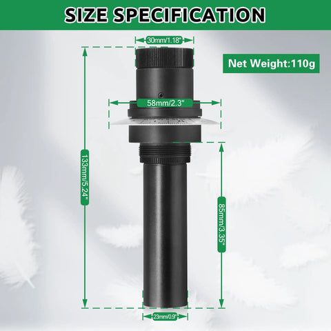 Size specifications of Polar Finder Scope For EQ 5 Mount With Quick Eyepiece Focus, black anodized aluminum body.