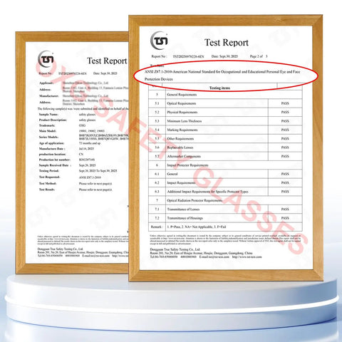 Test report displaying ANSI Z87.1 certification for six pack clear safety glasses featuring ANSI Z87 One certification.