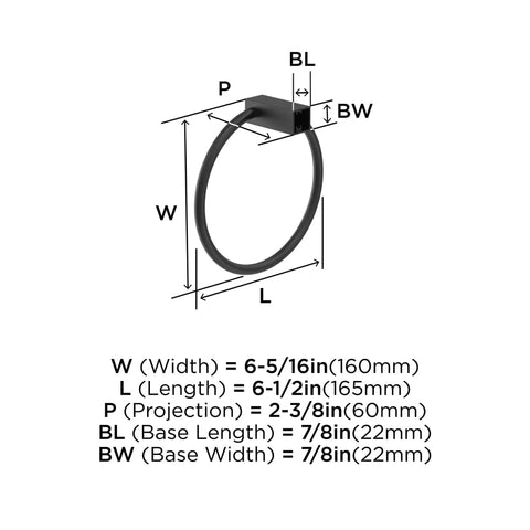 Diagram of Towel Ring In Monument Matte Black, Six And A Half Inch Bath Hardware Upgrade For Modern Bathrooms, with dimensions.