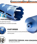 4 Inch Dry Core Drill Bit Kit With 5/8-11 Thread, side perforation detail, blue metal, efficient dry drilling features