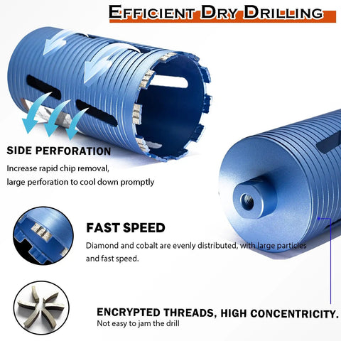4 Inch Dry Core Drill Bit Kit With 5/8-11 Thread, side perforation detail, blue metal, efficient dry drilling features