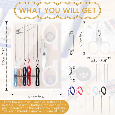 No Fuss Bulk Travel Sewing Crate Featuring Nifty Mini Repair Packs with scissors threads and needles in plastic storage case.
