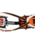 Top view of Lynx Crampons For Technical Ice Climbing And Mixed Mountaineering showing orange and black modular design with straps.