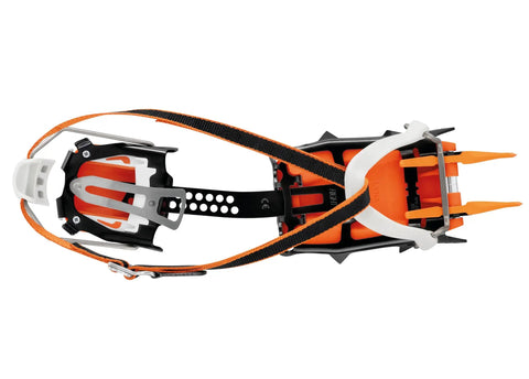 Top view of Lynx Crampons For Technical Ice Climbing And Mixed Mountaineering showing orange and black modular design with straps.