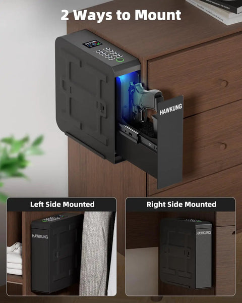 Slick Fingerprint Biometric Gun Safe With Slider Bedside Design For Handgun Quick Access Nightstand Mount showing left and right side installations.