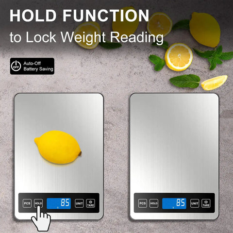 Food Scale For Real Kitchen Pros With 22 Pound Capacity, 0.1 Ounce And 1 Gram Increments, lemons on scale, hold function
