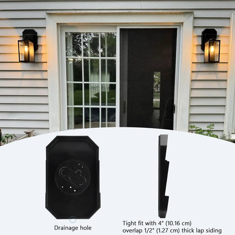 Two Piece Siding Mounting Block Kit For Outdoor Lights 1/2 Inch Lap Double Black Finish With Built In Junction Box And NM Cable Connector No Fuss Install Paintable Surface on black siding
