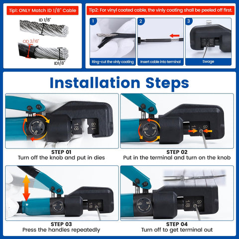 Installation steps for Custom Cable Railing Crimping Tool Hydraulic Crimper For One Eighth Inch Stainless Steel Cable Railing Kit Swaging Tool