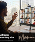 Person using 4K 30FPS Ultra HD PC Webcam With Microphone, Privacy Cover, for video call on computer screen featuring multiple participants.