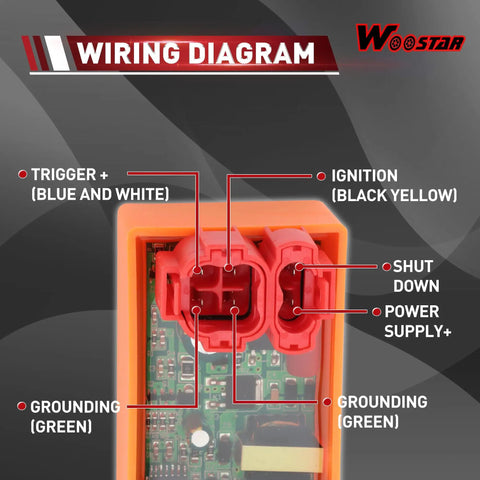 6 Pin DC CDI Box Replacement wiring diagram for GY6 engines 50cc to 250cc, showing connectors and ignition.