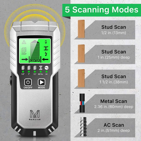 5 In 1 Stud Finder Wall Scanner with LCD display and 5 scanning modes for wood, metal, AC wires; shows depth measurements.