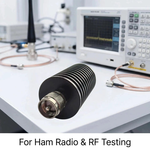 Pro Grade 50 Watt 50 Ohm UHF PL259 Dummy Load For Ham Radio And Antenna Testing shown on lab bench