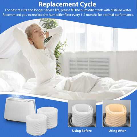 Woman relaxing in bright room with humidifier and filters, Six Pack WF2 Humidifier Filter Replacement Set shown before and after use.