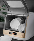 Smart Portable Countertop Dishwasher With Automatic Disinfect Cycle for Killer Kitchen Results showing clean plates inside the unit.