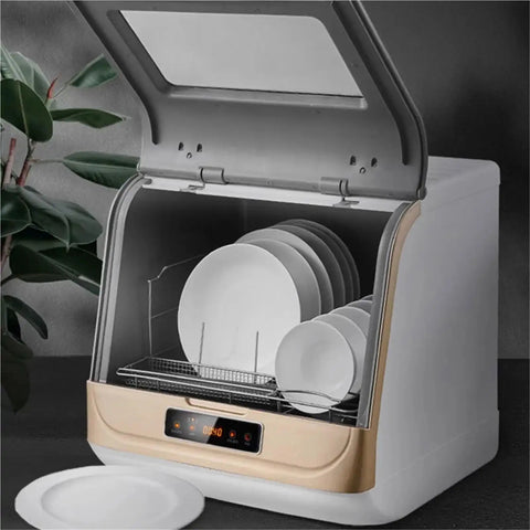Smart Portable Countertop Dishwasher With Automatic Disinfect Cycle for Killer Kitchen Results showing clean plates inside the unit.