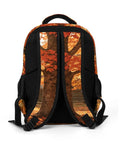 Back view of Autumn Red Maple Log Cabin Print Unisex Backpack with large capacity, durable polyester build, and breathable comfort.