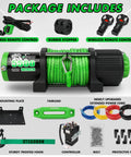 STEGODON 5500 winch with green synthetic rope; 12V ATV/UTV kit with wired and wireless remotes, mounting plate.