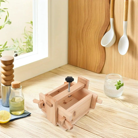 Wooden Tofu Press Mold Kit For DIY Homemade Tofu Making, 13x17x9.5cm on a kitchen counter with oil and spices